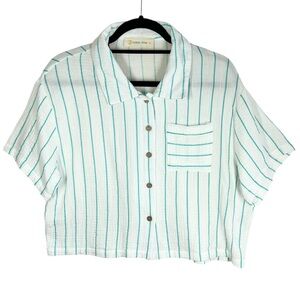 Ocean Drive Top Size Large Striped Gauze Cropped Short Sleeve White Teal